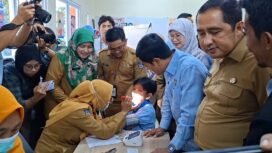 Wakil Menteri Kesehatan (Wamenkes) Republik Indonesia (RI) Dante Saksono Harbuwono, meninjau cek kesehatan gratis di SD Prestasi Global, Depok. (Dicky)