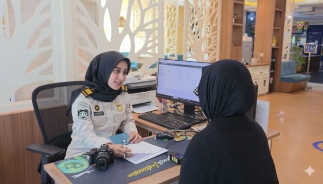 
					Caption : Petugas Imigrasi sedang memberikan pelayanan kepada masyarakat. (Dokumentasi Dirjen Kementerian Imigrasi)